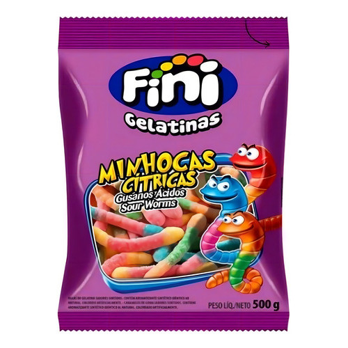 Bala Fini Minhoca Azedinha Bala De Gelatina 500g - Fini