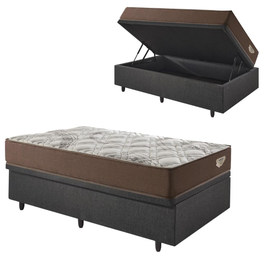 Base Box Baú 88x188 Linho Cinza com Colchão Relax Adorabile