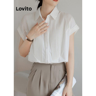 Lovito Casual Blusa Feminina Lisa Plissada com Costura no Tecido LNE24269 (Branco)