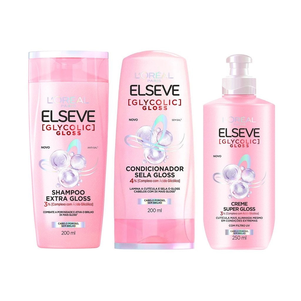KIT ELSEVE GLYCOLIC GLOSS SHAMPOO + COND + CR PENTEAR LORÉAL em Oferta na Shopee