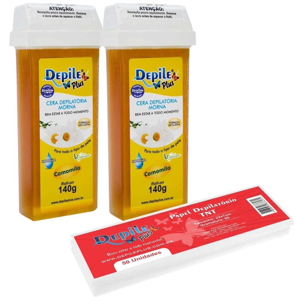 2 Roll-on Cera Depilatória Camomila Depile Plus Hidrossolúvel 140g  + Papel Depilatório 50 Folhas