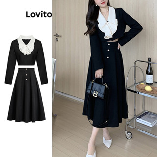 Lovito Casual Conjunto de Saia com Gola de Contraste e Botões Frontais para Mulheres L76AD124
