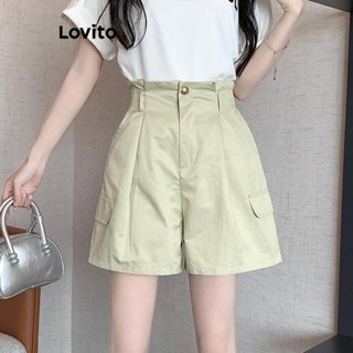 Lovito Shorts Casuais Simples Plissados Com Bolso Falso Para Mulheres LNE48266
