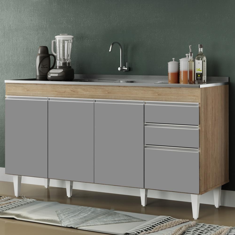 Balcão Gabinete com Pia Inox 150cm Marrocos Castanho/Cinza - Lumil em Oferta na Shopee