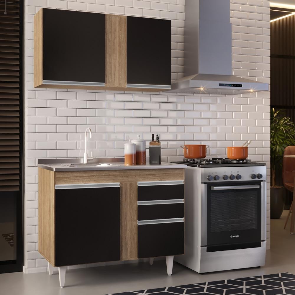 Armário Aéreo Indiana e Balcão Gabinete 100cm com Pia Inox Luziania Castanho/Preto - Lumil em Oferta na Shopee