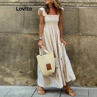 Lovito Vestido Boho Gingham Com Babados Para Mulheres LNL37021 (Off White)