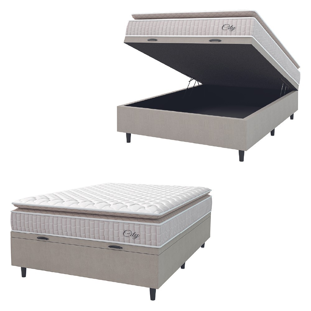 Cama Box Baú Colchão Casal Molas Ensacadas City Pillow Top 138x188x64cm Branco / Bege Hell...