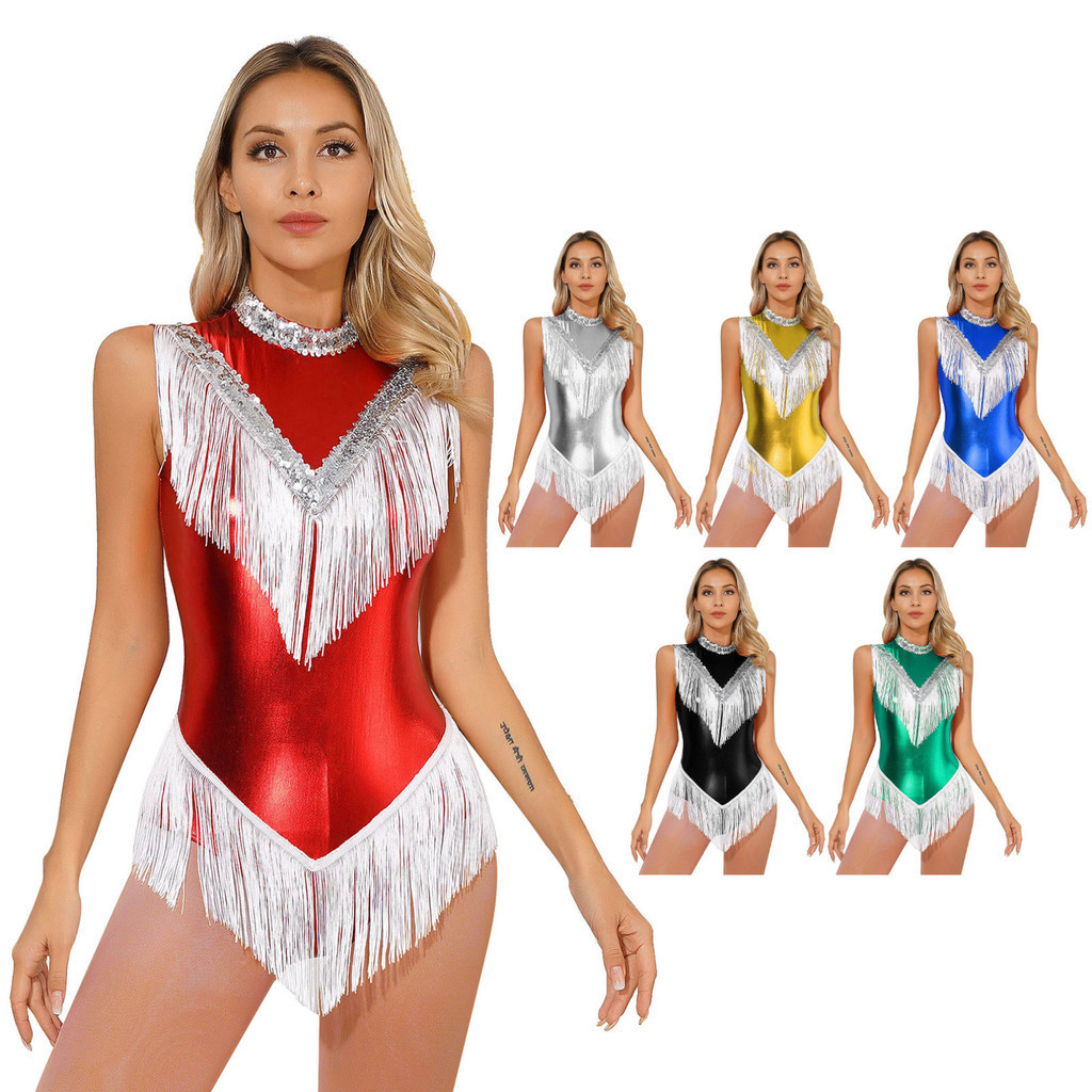 Yeahdor Body Feminino Metálico Com Zíper Nas Costas , Peça Única , Lantejoulas Brilhantes , Collant Franjas Para Perform