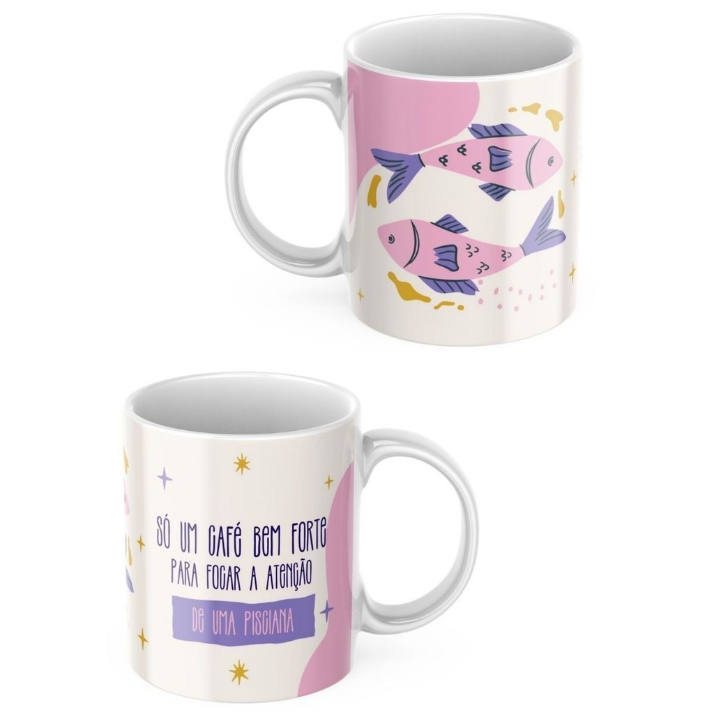 Imagem Caneca Xicara de Café ou Chá de Porcelana Personalizada Signos Peixes Divertida Engraçada para Presente Criativo 325ml