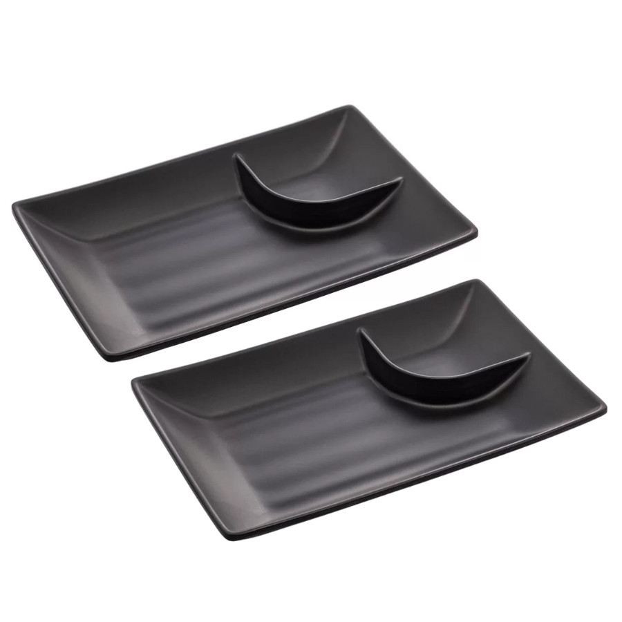 KIT 2 Pratos para Comida Japonesa Sushi Temaki Molheira Melamina Preto 19CM