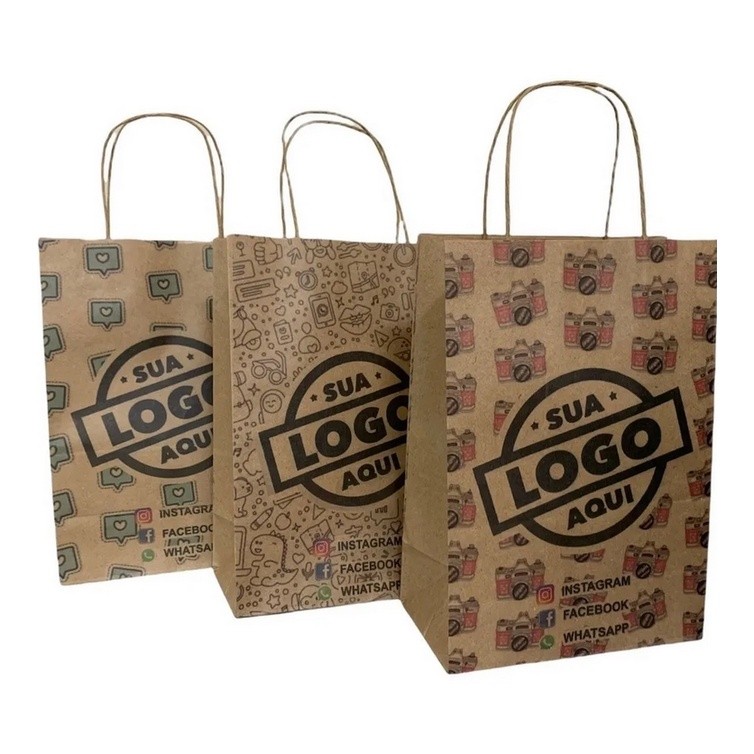 50 Sacolas em Papel Kraft personalizadas com seu logo 18,5 x 27 x 10cm