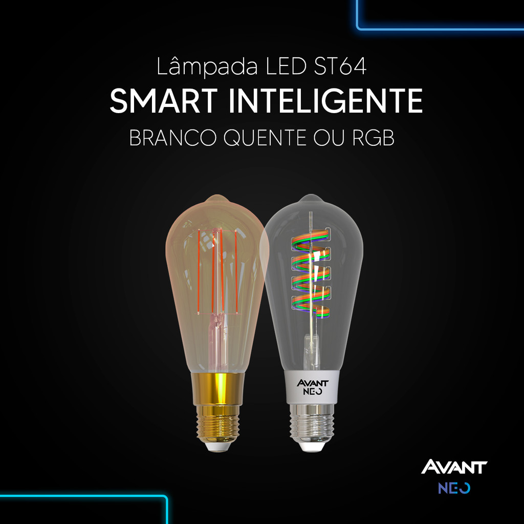 Lampada Led ST64 Smart Inteligente 6w 1800K/2700K ou RGB Colorido E27 110v/220v Bivolt Cod: 290802470-123 Avant Neo - Home & Living