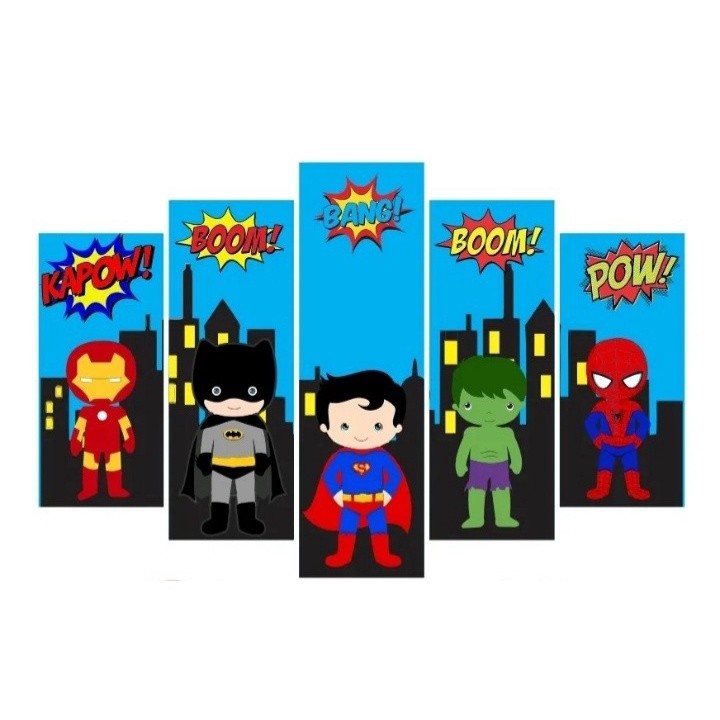 Quadro Decorativo Mosaico 5 Peças Mini Super Heróis Histórias em Quadrinho