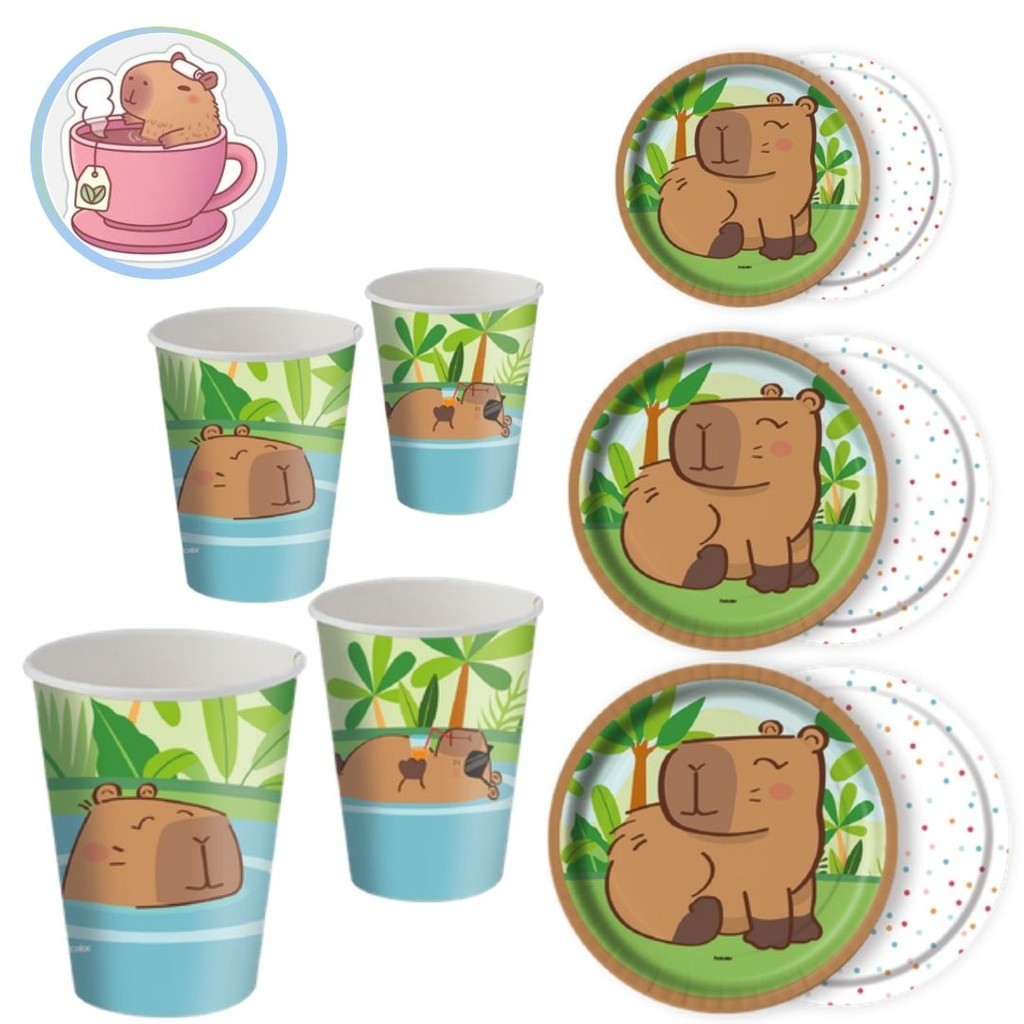 KIT FESTA CAPIVARA 8 PRATOS + 8 COPOS DESCARTÁVEL 200 ML PAPEL - FESTCOLOR em Oferta na Shopee