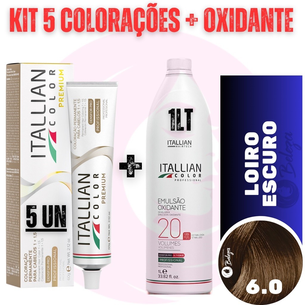 Kit 5 Tinta De Cabelo 6.0 Profissional Itallian Color + Ox20