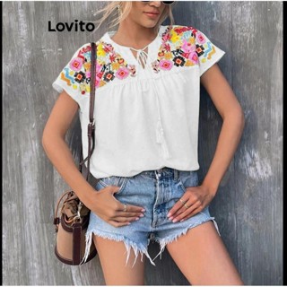 Lovito Blusa Boho Ditsy Floral Com Bordado De Renda Para Mulheres LNL41047