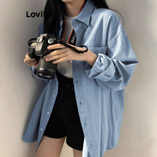 Lovito Casual Blusa Feminina Lisa Jeans Lavada com Botão Frontal LNE24112 (Azul)
