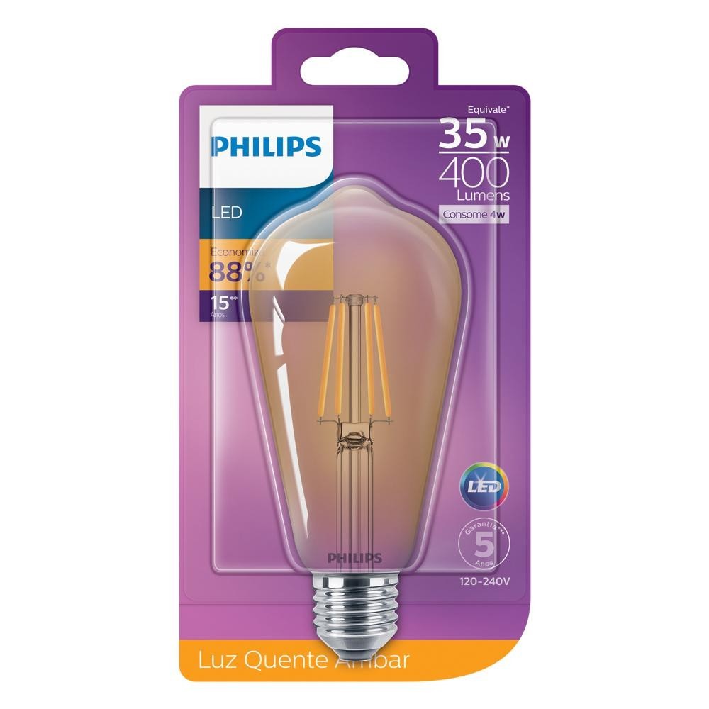 Lâmpada Led Philips Filamento 4W ST64 amarela 2500K BV E27 - Home & Living