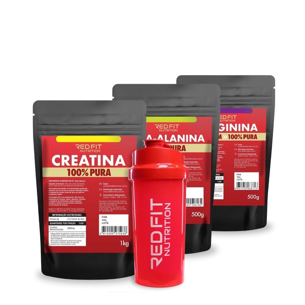Creatina 1Kg Beta-Alanina 500g L-Arginina 500g - 100% Pura Matéria-Prima Importada - Red Fit Nutrition