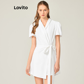 Lovito Elegante Macacão Feminino Liso Amarrado Falso 2 em 1 Cruzado L71ED202 (Branco)