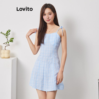 Lovito Boho Vestido Xadrez com Amarração para Mulheres L74ED192 (Azul)
