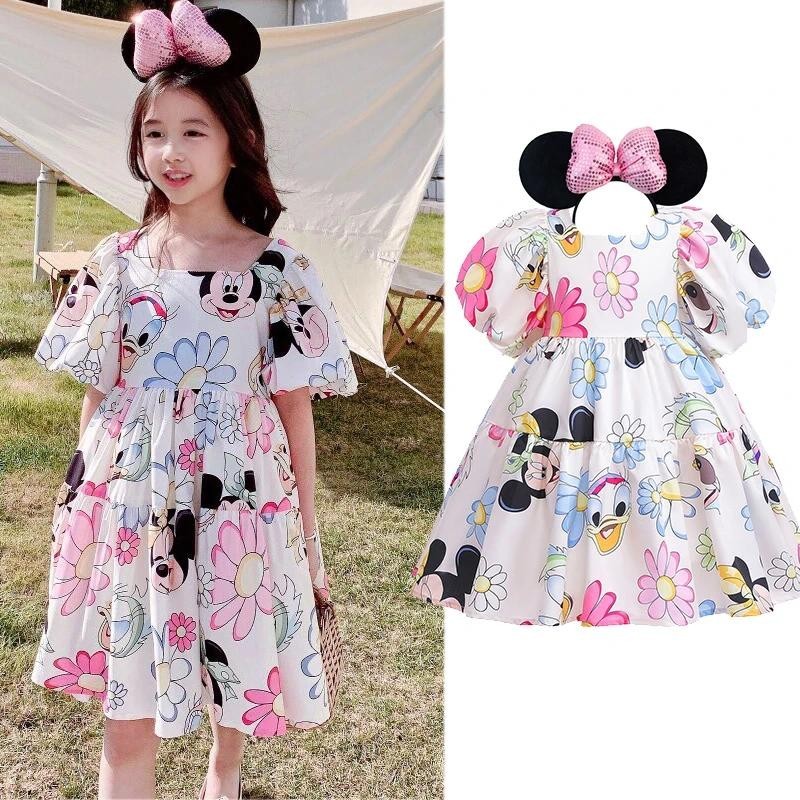 Crianças Vestidos Menina Da Criança Mickey Mouse Margarida Dos Desenhos Animados Manga Puff Estilo Pastoral Coreano em Oferta na Shopee