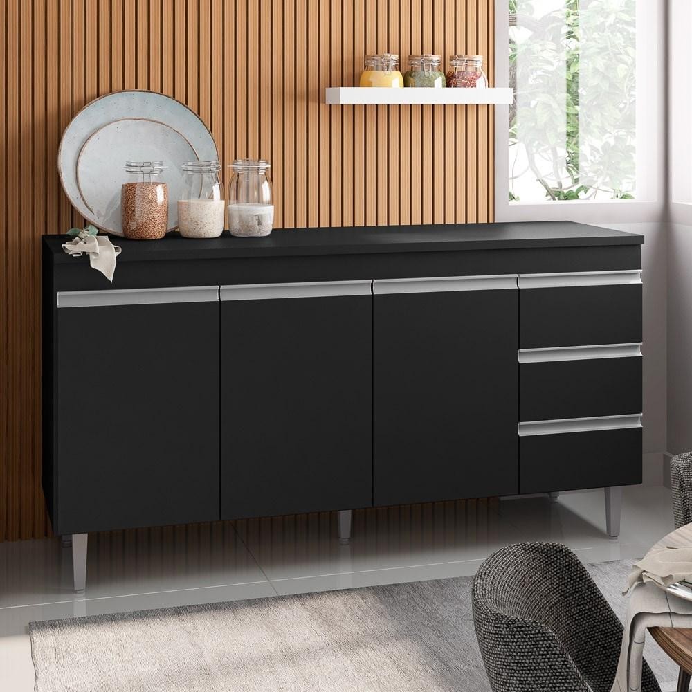 Balcão Gabinete Para Pia 150cm sem Tampo 3 Portas 3 Gavetas Andréia Preto Total - AJL Móveis em Oferta na Shopee