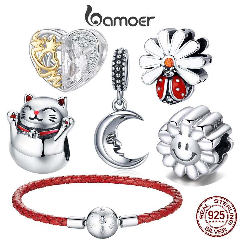 Bamoer Charme Prata 925 Gato Sorte Coração Girassol Presente​