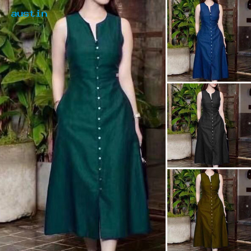 [AY] Vestido De Verão Mulher De Um Peito Sem Mangas Bolsos De Cor Sólida Botões De Linha A Comprimento Médio Do Bezerro