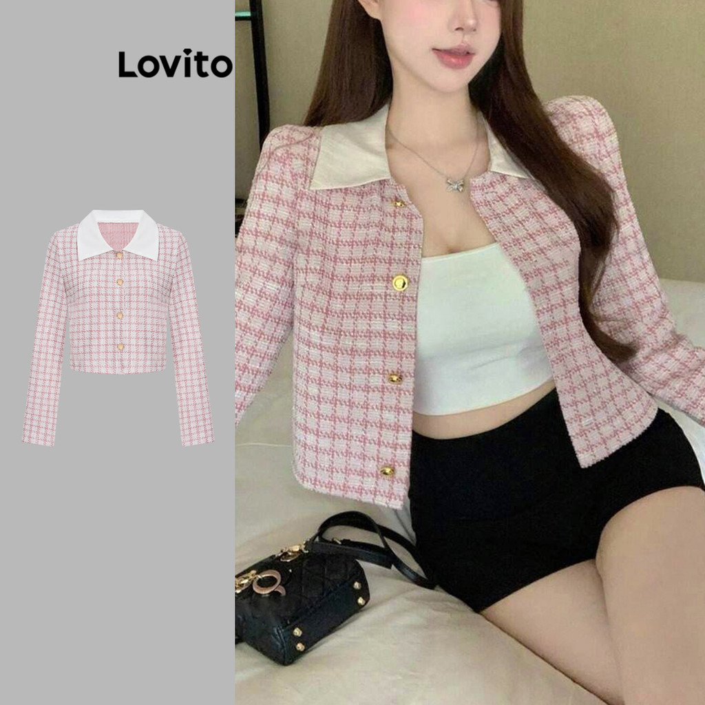 Lovito Casaco Casual xadrez com gola contrastante e pérolas com botão para mulheres L117AD102 em Oferta na Shopee