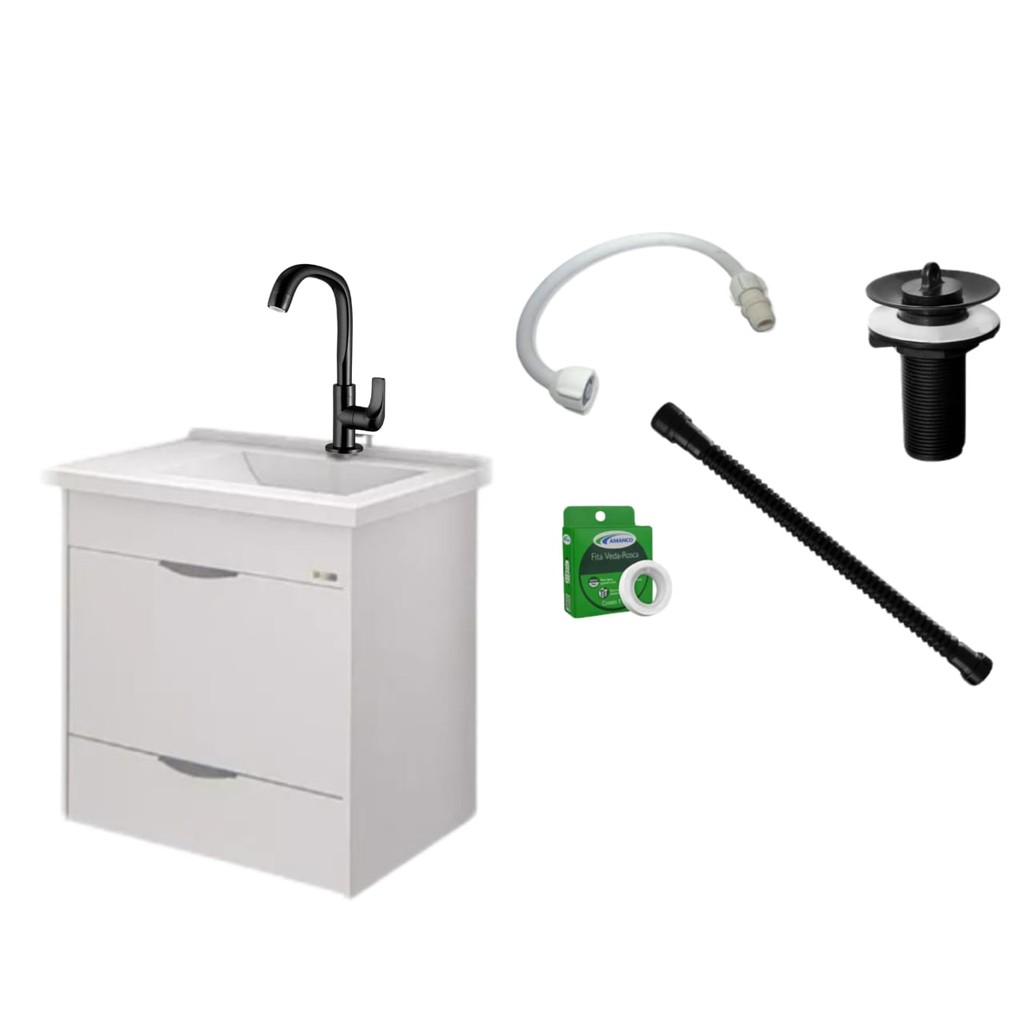 Gabinete Toucador Roma Branco com Espelheira e Torneira Preta Kit Completo