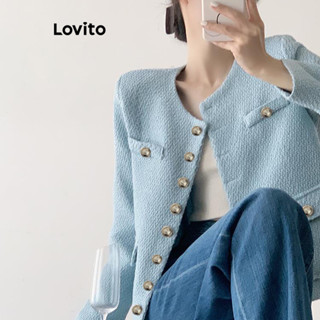 Lovito Jaqueta Casual Com Bolso Frontal Com Botão Liso Para Mulheres LNA31158 (Azul)