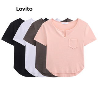 Lovito Casual Camiseta Feminina Lisa Rodada com Fenda Frontal e Bolso LNE29295 (Rosa Claro/Cinza Escuro/Branco/Preto)