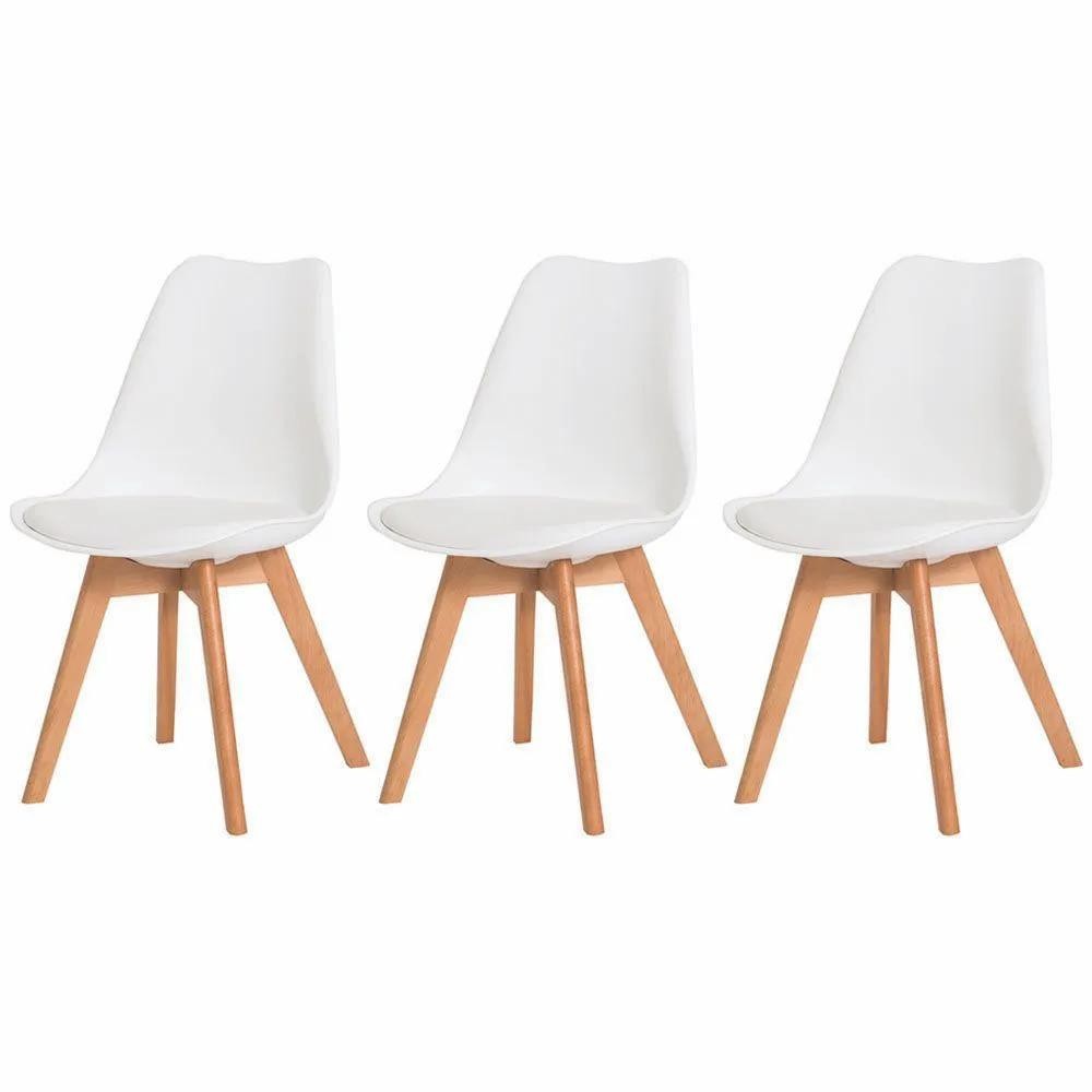 Kit 3 Cadeiras Estofada Para Cozinha Jantar Saarinen Leda Design Base Madeira Wood Branca - Home & Living
