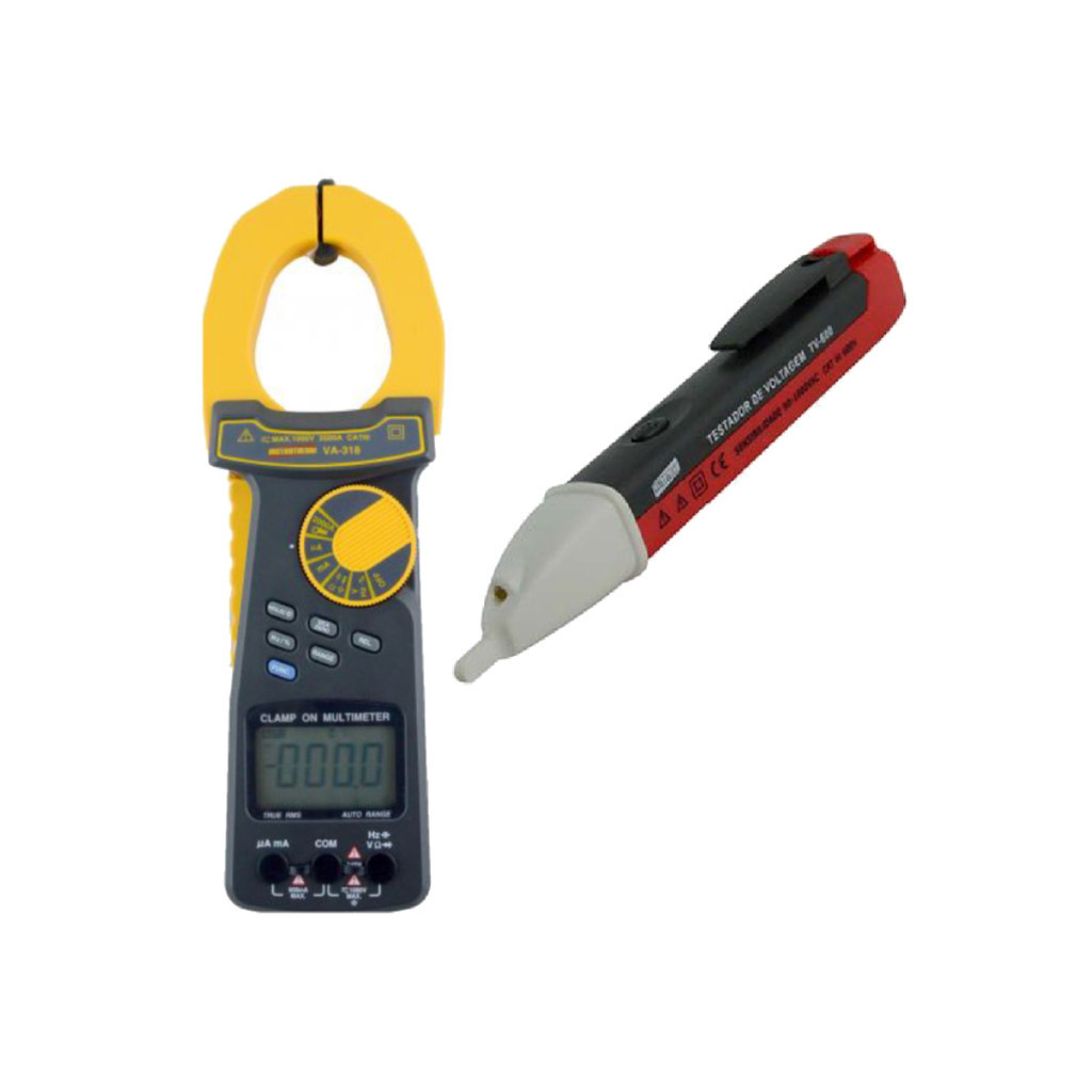Kit Alicate Amperímetro Va-318 Corrente Rms Resistência Diodo Continuidade Detector Tensão Tv-600