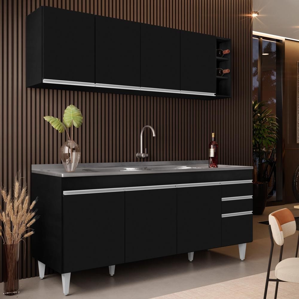 Armário Aéreo Nevada e Balcão Gabinete 180cm Com Pia Dallas Preto - Lumil em Oferta na Shopee