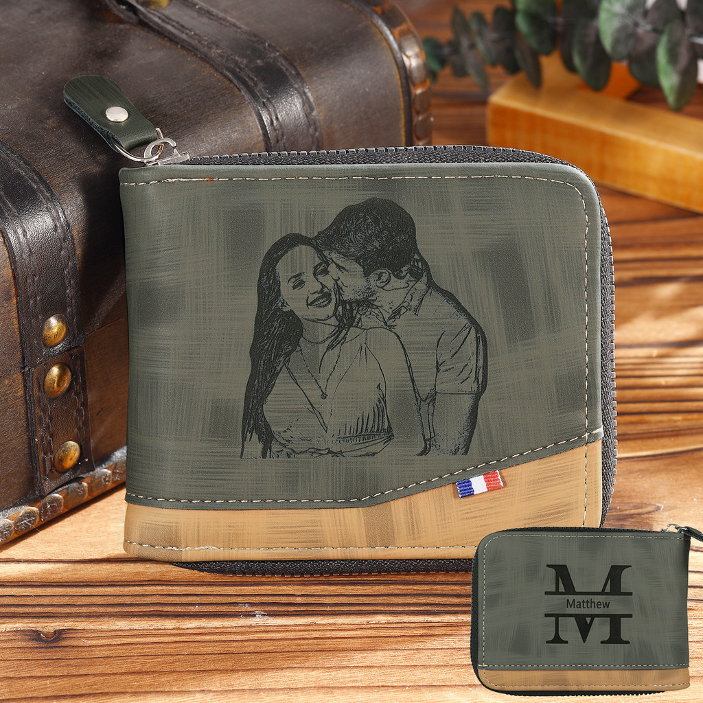 Presentes para Dia dos Pais Carteira Personalizada De Homens Com Foto Zíper Nome Texto Para Couro Presente