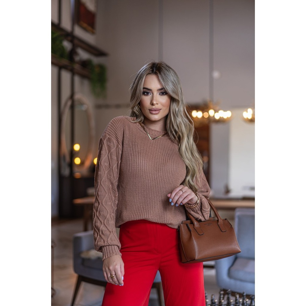 Blusa de Frio Feminina Tricô Inverno Ponto Crochê Pelota Manga Suéter de Lã Macia | Use&use Tricot