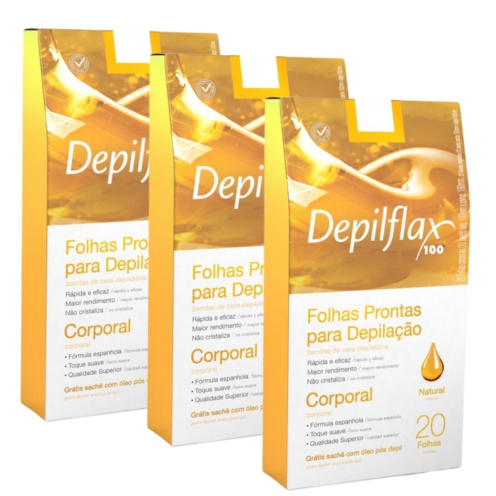 Kit 3x Folhas Prontas Corporais C/ 20 Uni. Natural Depilflax