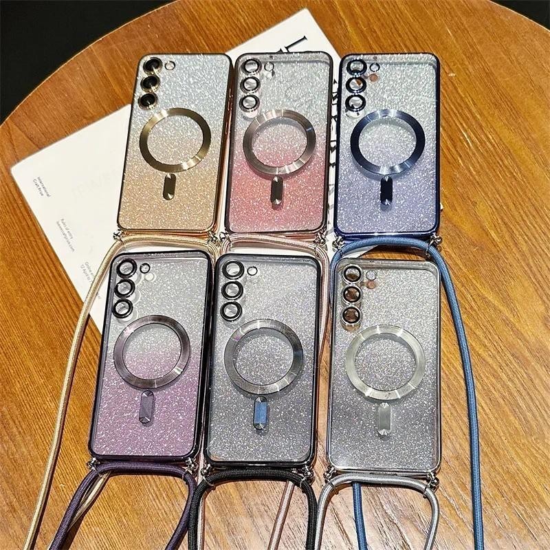 Samsung Galaxy S24 S23 S22 Ultra Plus S23 FE Nota 20 Crossbody Lanyard Gradient Glitter Capa De Carregamento Sem Fio Magnética De Revestimento Macio TPU