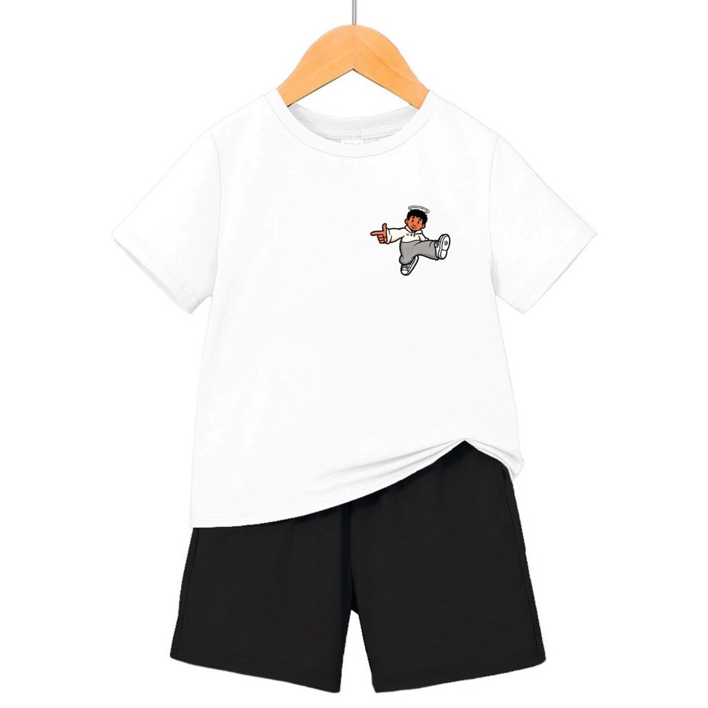 Kit Conjunto Infantil Camiseta + Short Masculino Estampado Roupa Infantil Menino Anjo Streetwear
