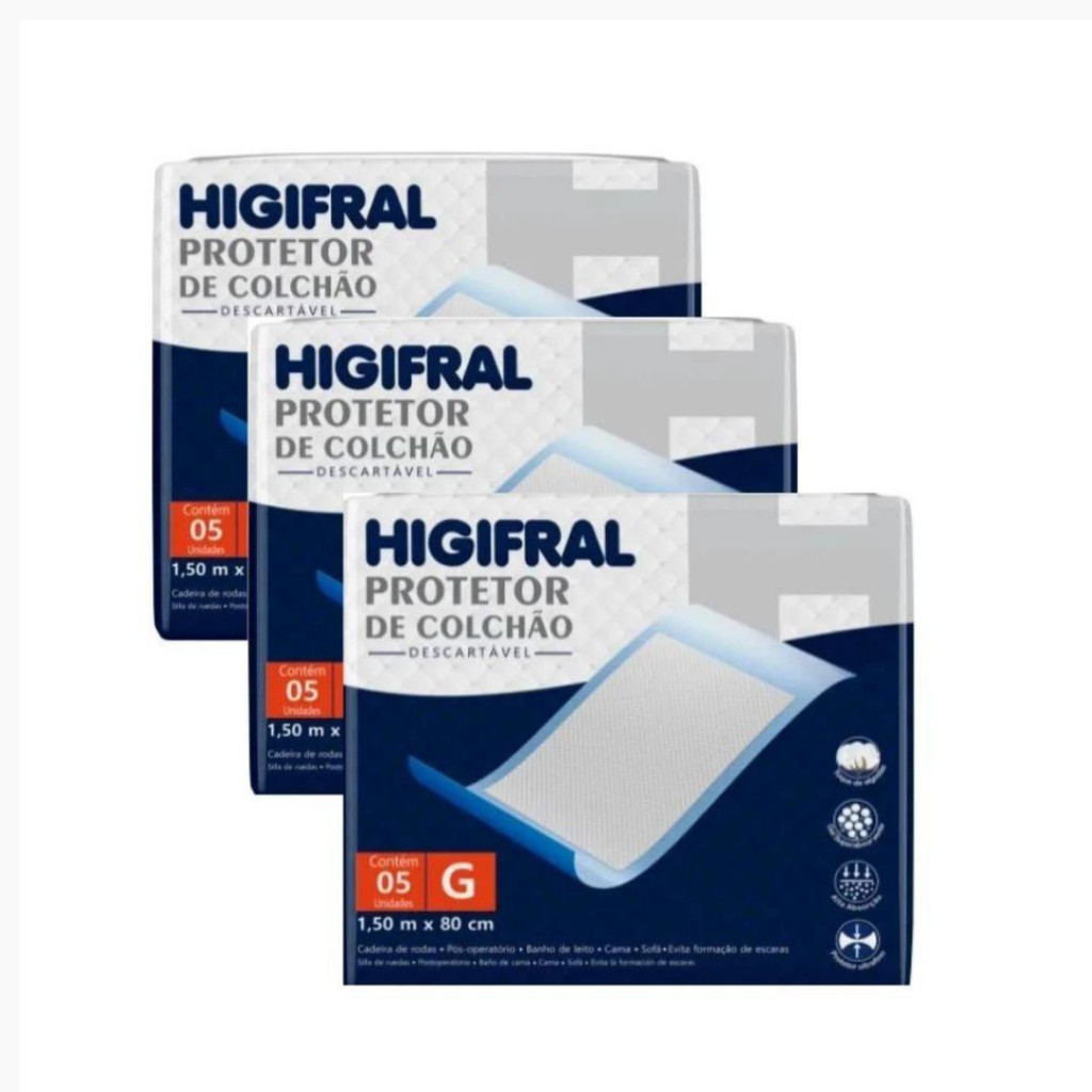 Kit 3 Protetor de Colchão Higifral G 150x80cm Descartável Absorvente Previne Escaras 15 Unidades