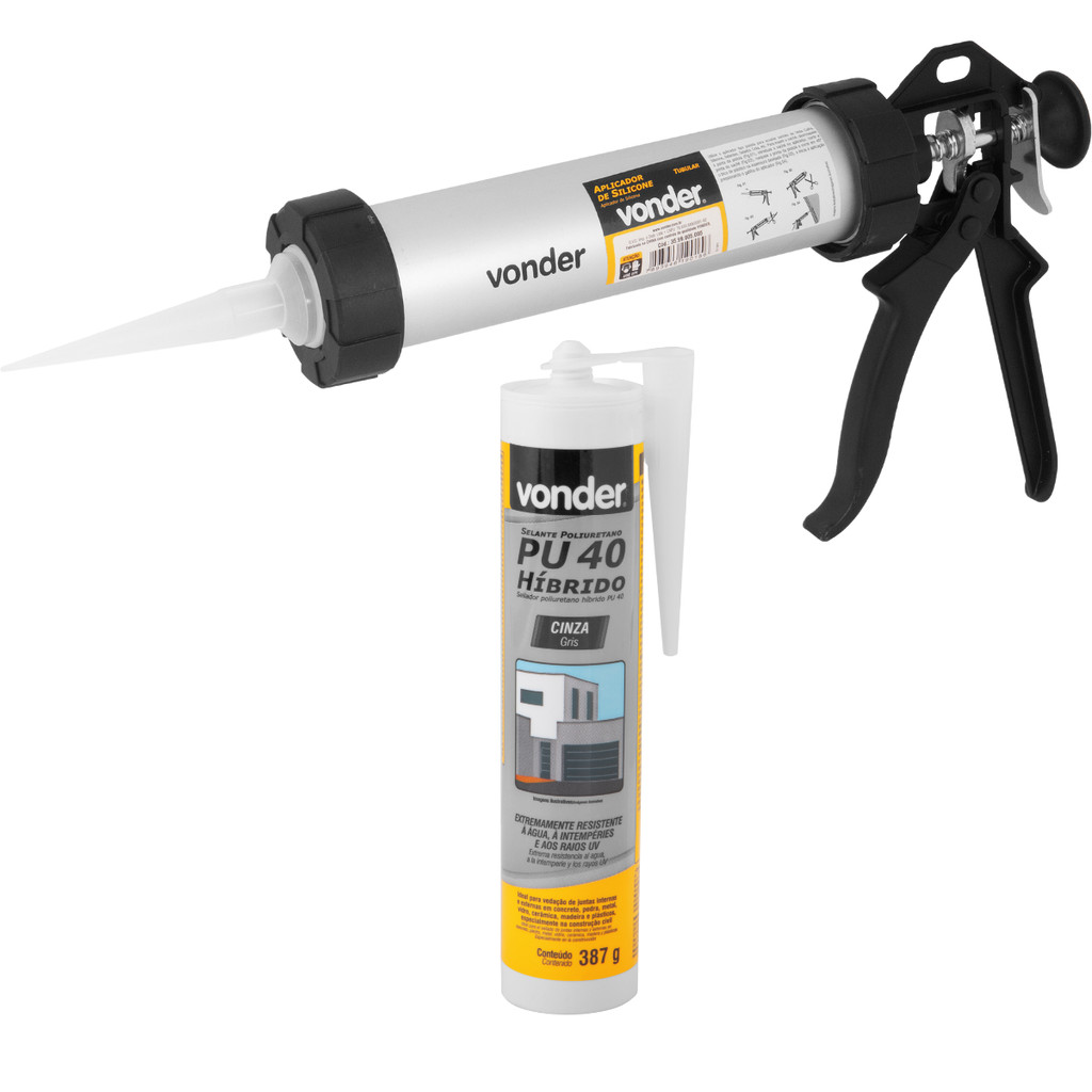 Kit Selante PU 40 Cinza Calhas Resistente Com Aplicador De Silicone 400ml