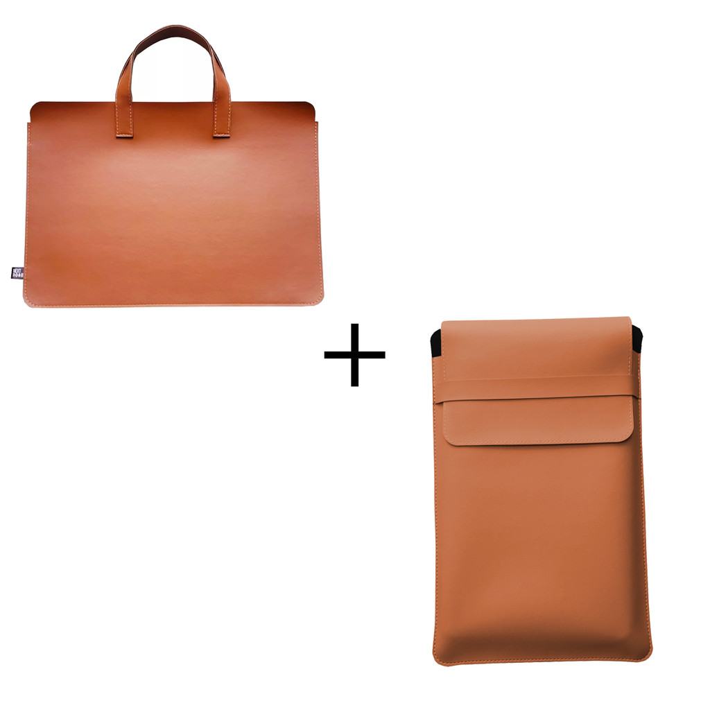 Sacola mais Pasta para Notebook em Couro Sintético Caramelo