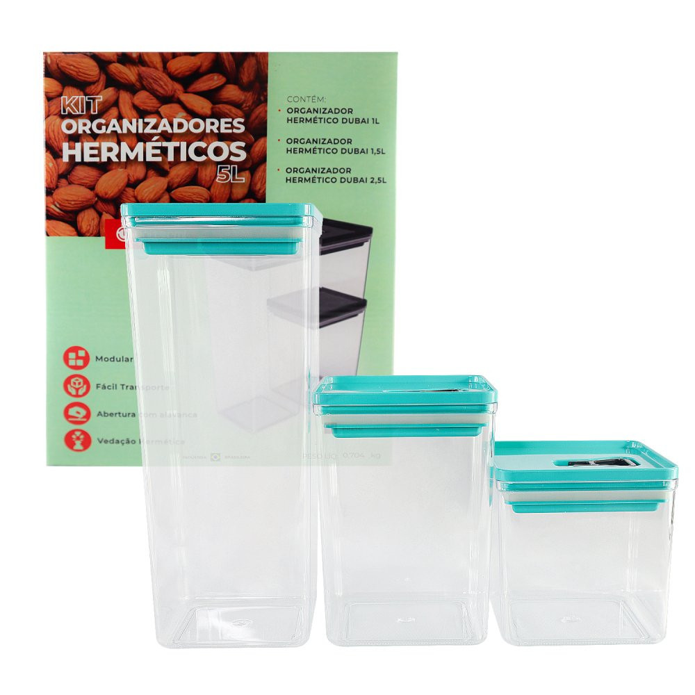 Kit 3 Potes Potinhos Organizador Hermético Dubai Verde Tiffany 5 Litros