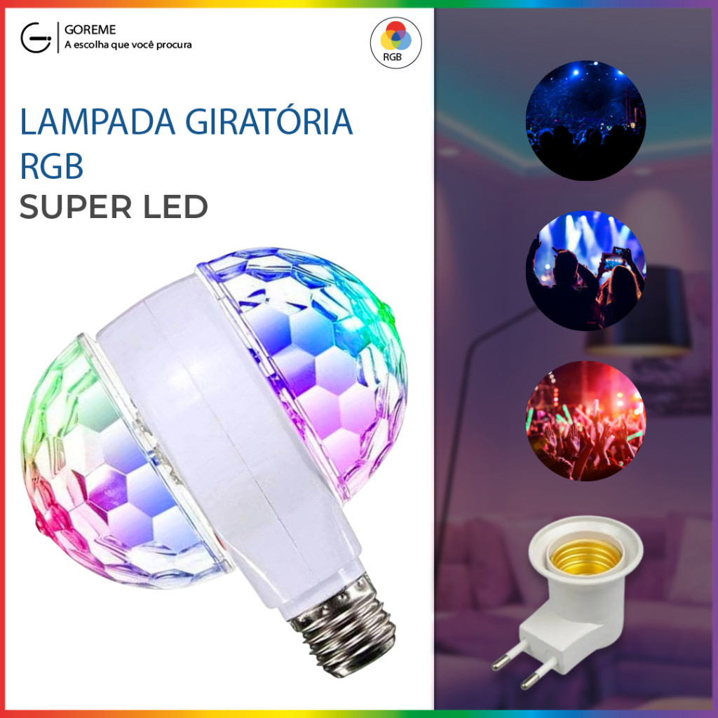 Lâmpadas Giratória Led Globo de Luz Acompanha Adaptador Soquete E27 Super Led RGB Discoteca | Festa | Ano Novo | Natal | Quarto RGB | Lâmpada Musica | Bola Maluca| 1 a 4 Unidades