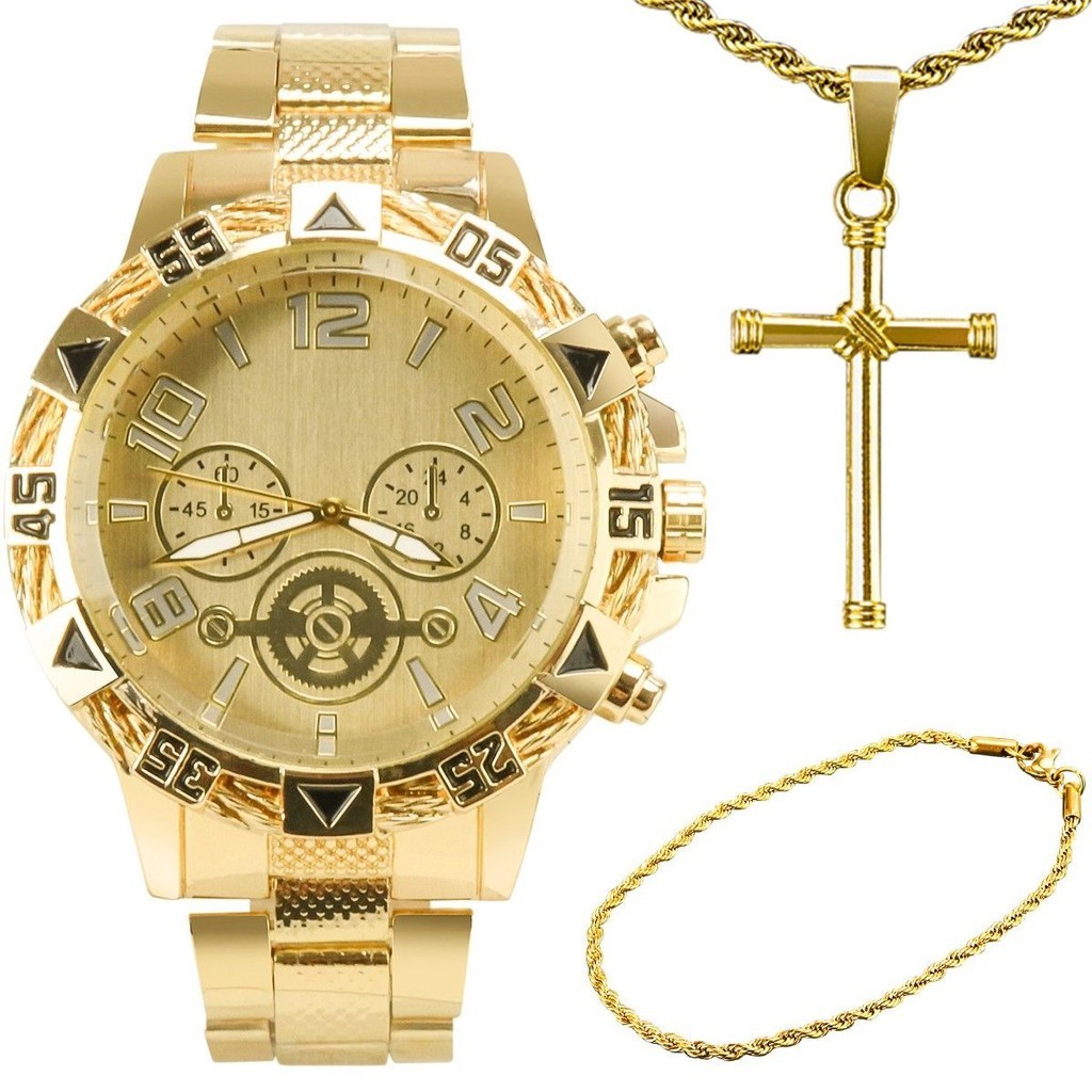 relogio masculino banhado dourado + pulseira + crucifixo qualidade premium casual robusto pesado