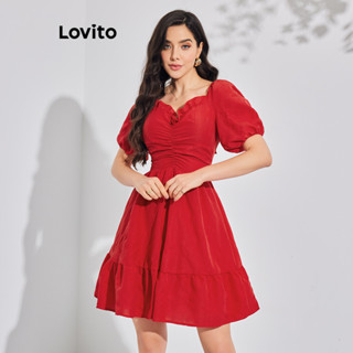 Lovito Vestido Casual com Mangas Bufantes e Amarração para Mulheres LBL08177