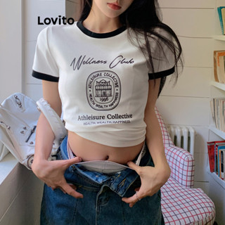Lovito Camiseta Feminina Casual Com Costura Em Tecido Liso Com Padrão LNE37312 (Branco Preto)