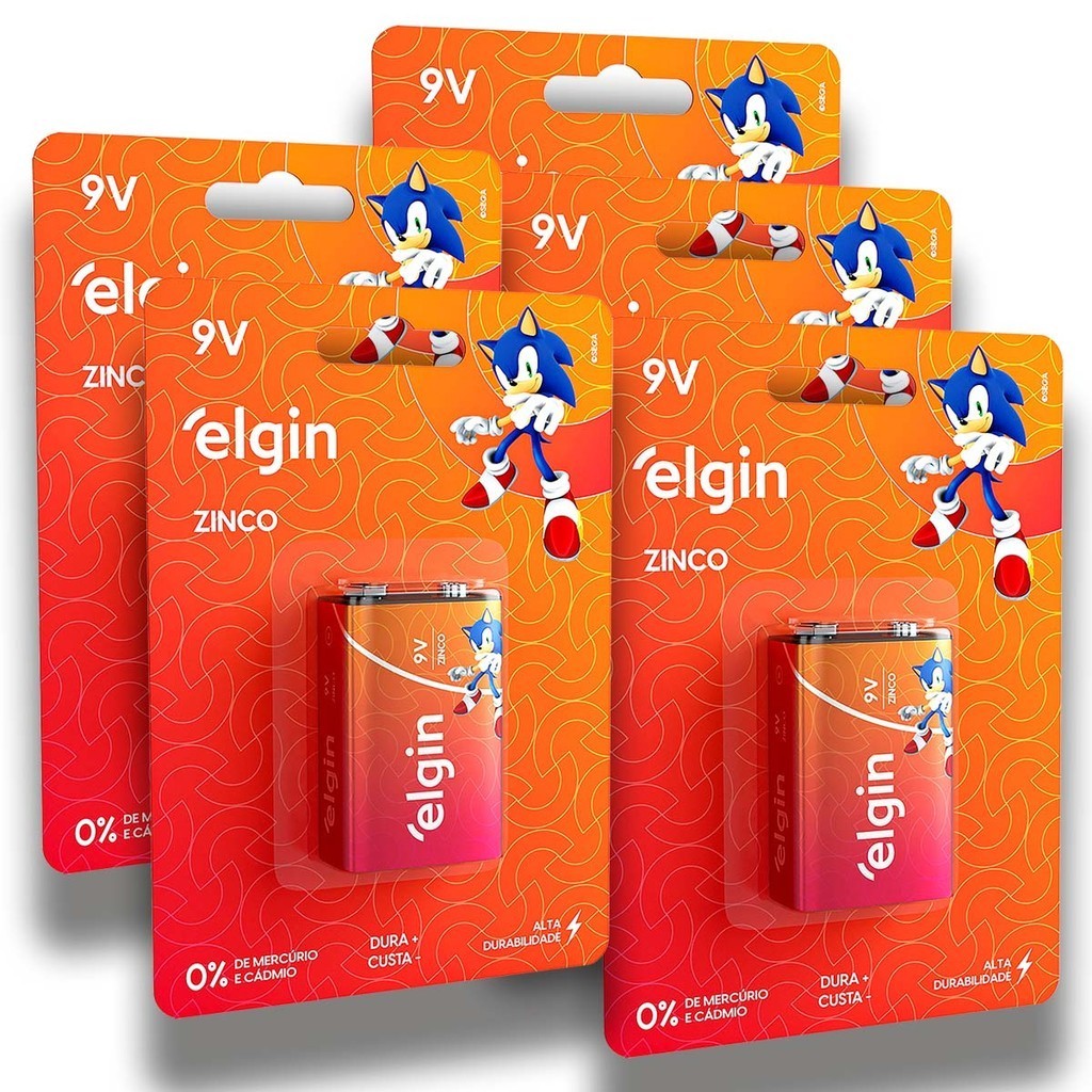 Pilha Zinco 9V Elgin Bateria 9 Volts Carvão 6F22 kit 5 unidades em Oferta na Shopee